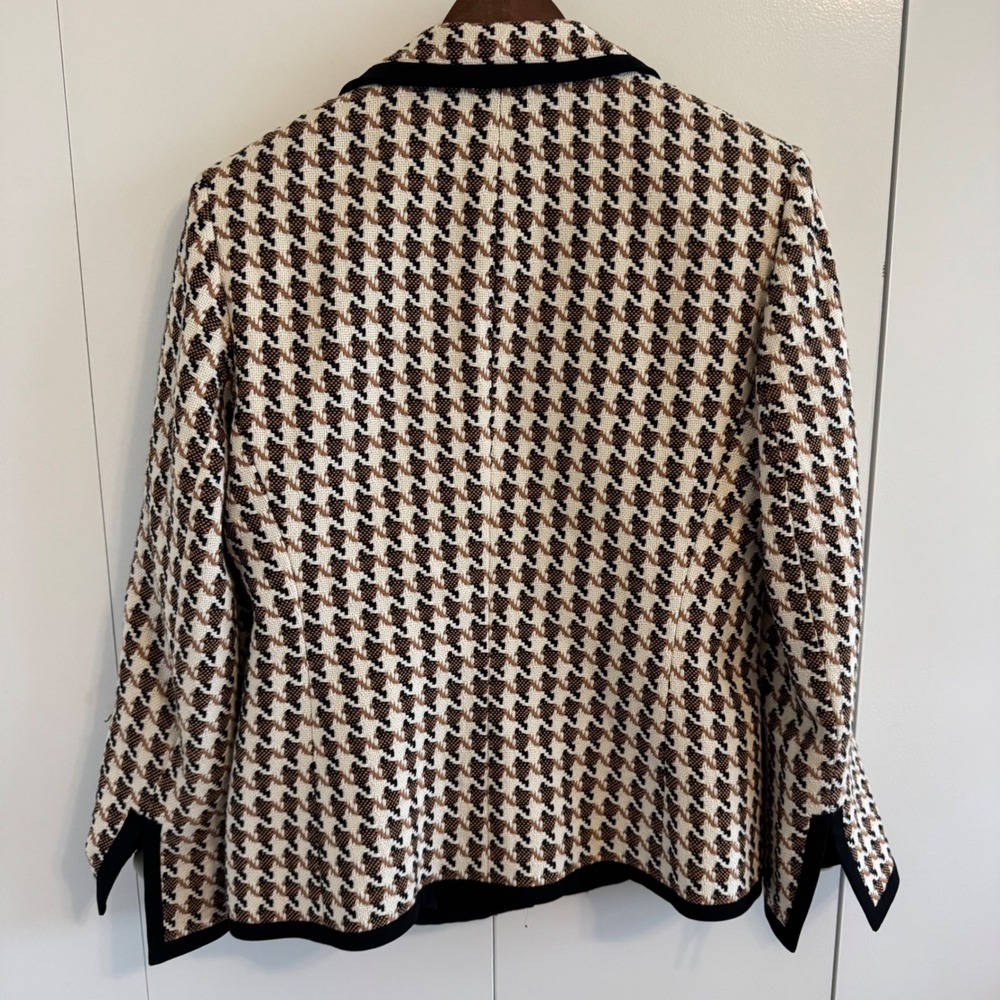 Kasper Womens Houndstooth Blazer Jacket Tan Black Cream Size 6 Open Front Cotton - Picture 3 of 8